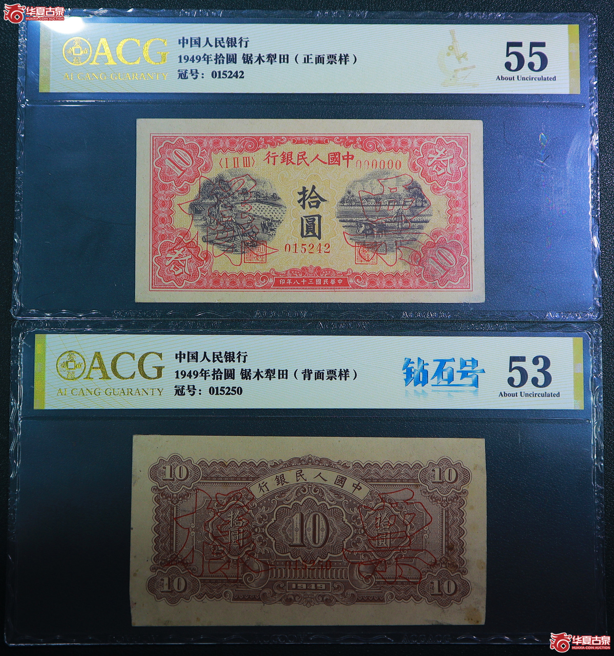 250-一版锯木犁田拾圆票样（5242／5250）爱藏评级-55／53